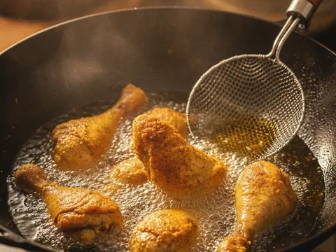 Ketulan ayam berkunyit digoreng keemasan dalam kuali minyak panas