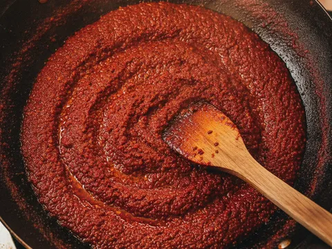 Sambal cili kering ditumis dalam kuali sehingga warna gelap dan minyak terbit ke permukaan
