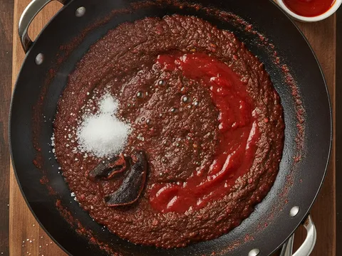 Gula, asam keping dan sos cili dimasukkan ke dalam sambal yang sedang mendidih perlahan