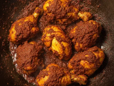 Ketulan ayam goreng digaul dalam sambal pekat sehingga bersalut rata dalam kuali