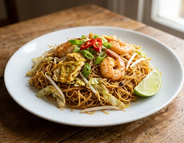 Bihun Goreng Malaysia perang keemasan dengan udang, telur, kobis, taugeh dan garnish daun bawang