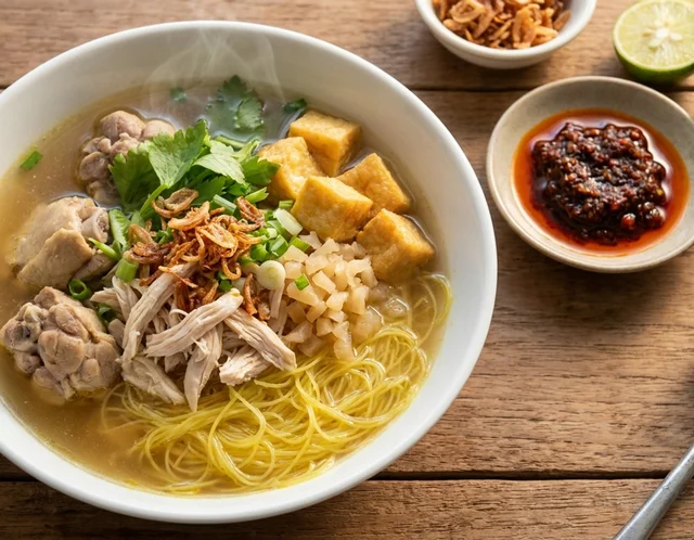Semangkuk bihun sup utara dengan bihun kuning, ketulan ayam, tauhu goreng dan taburan bawang goreng, bersama sambal merah di tepi