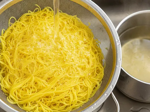 Bihun kuning ditoskan dalam penapis dan dibilas di bawah air paip sejuk selepas dipanaskan