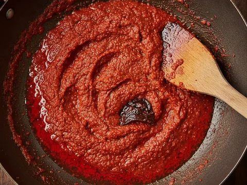 Sambal merah ditumis dalam kuali sehingga pekat berkilat dan minyak merah berasingan di tepi