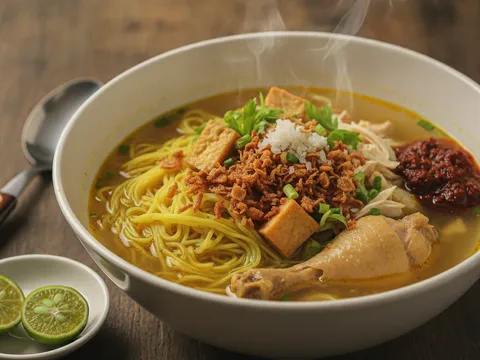 Bihun sup utara disusun dalam mangkuk dengan kuah sup, ayam, tauhu goreng, bawang goreng dan sesudu sambal merah
