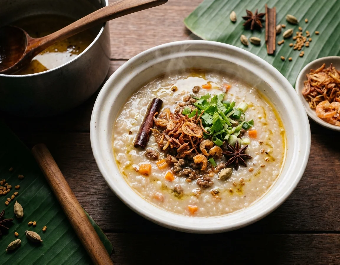 Semangkuk bubur lambuk berempah dengan daging cincang, ditabur bawang goreng dan daun sup, dihidang panas berwap