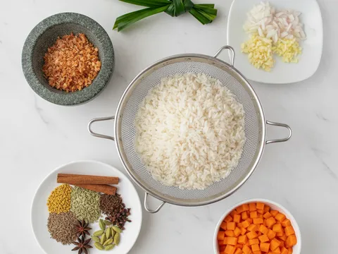 Bahan bubur lambuk disediakan — beras dicuci, udang kering ditumbuk kasar, rempah biji dan bawang cincang dalam bekas berasingan
