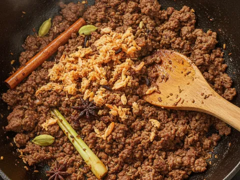 Daging cincang ditumis bersama udang kering ditumbuk dan rempah dalam periuk besar sehingga bertukar warna