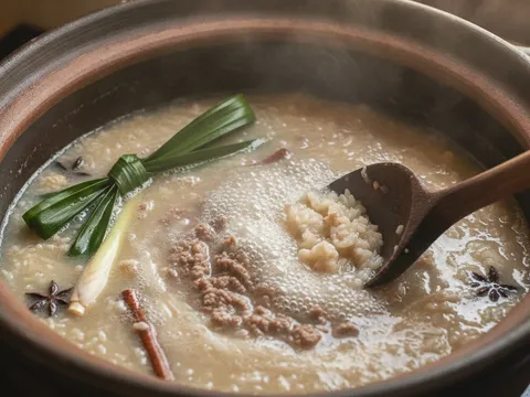 Beras direneh bersama daging berempah dalam periuk besar dan dikacau dengan senduk kayu panjang
