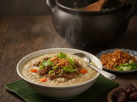 Bubur lambuk siap dihidang dalam mangkuk putih, ditabur bawang goreng dan hirisan daun sup, berwap panas
