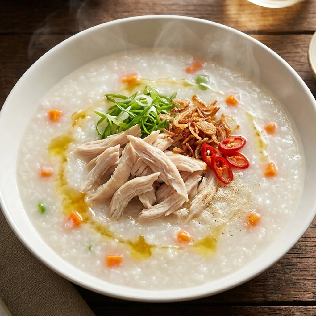 Bubur Nasi Ayam Lembut dengan Minyak Bawang Putih