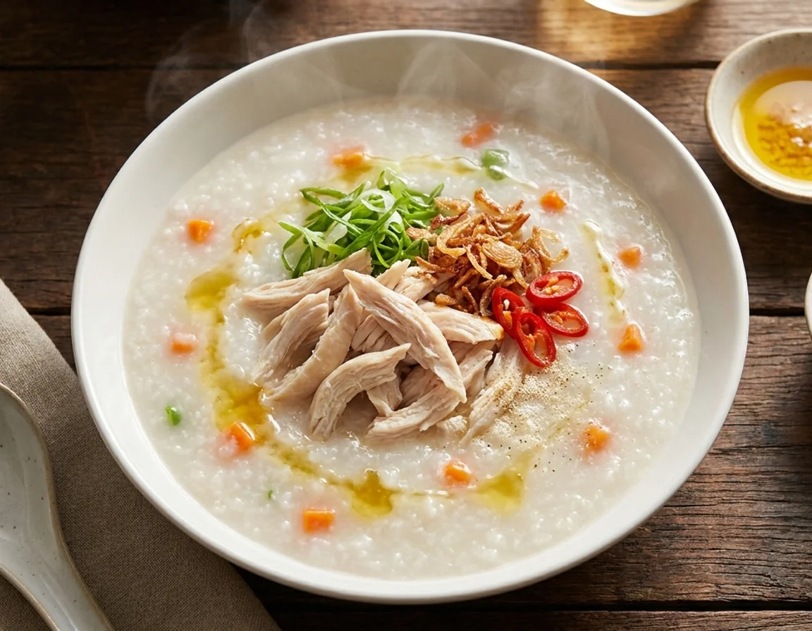 Semangkuk bubur nasi ayam putih pekat berwap dengan taburan ayam carik, daun bawang, bawang goreng dan titisan minyak bawang putih