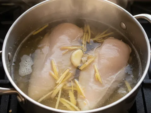 Isi dada ayam direbus bersama hirisan halia dan bawang putih dalam periuk berisi air mendidih
