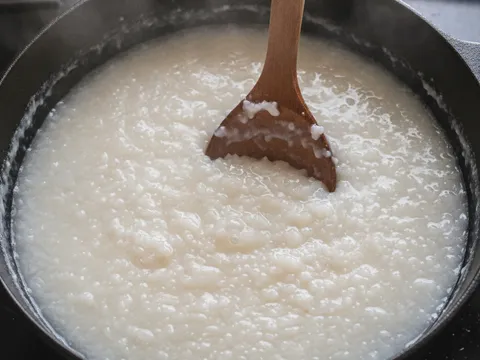 Bubur nasi direneh dalam periuk dan dikacau dengan senduk kayu sehingga butiran beras pecah dan menjadi pekat