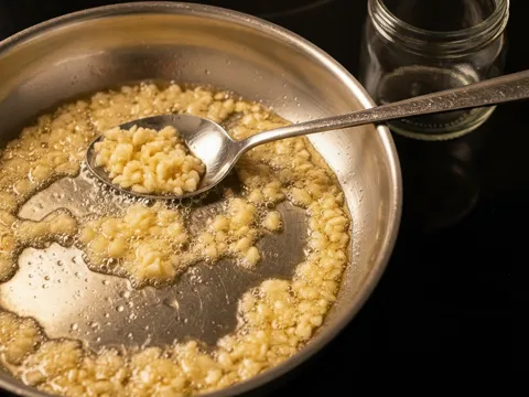 Bawang putih cincang digoreng dalam minyak panas di dalam kuali kecil sehingga hampir keperangan