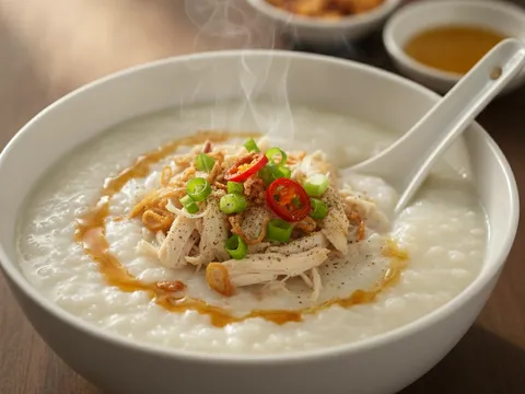 Bubur nasi dihidang dalam mangkuk putih dengan ayam carik, daun bawang, bawang goreng dan minyak bawang putih dititiskan di atas