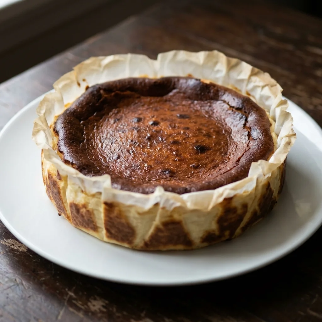Sebiji burnt cheesecake Basque dengan permukaan hangus gelap dan tepi berkedut kertas baking, di atas pinggan putih
