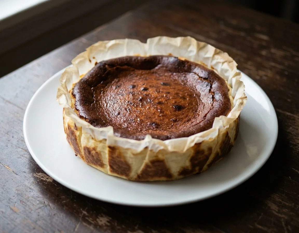Sebiji burnt cheesecake Basque dengan permukaan hangus gelap dan tepi berkedut kertas baking, di atas pinggan putih