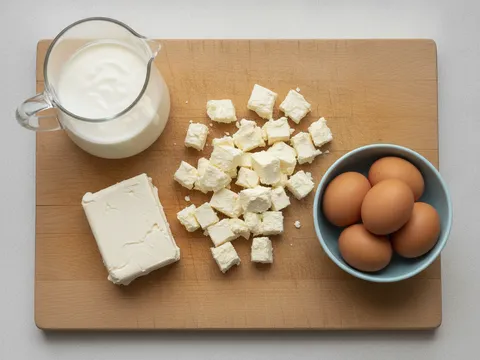 Ketulan krim keju di atas papan pemotong bersama bekas whipping cream dan telur di sebelahnya