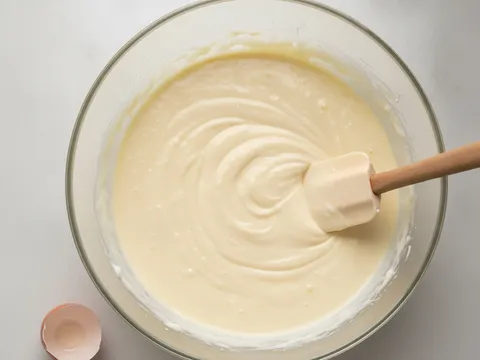 Adunan krim keju licin di dalam mangkuk selepas telur dicampur sekata