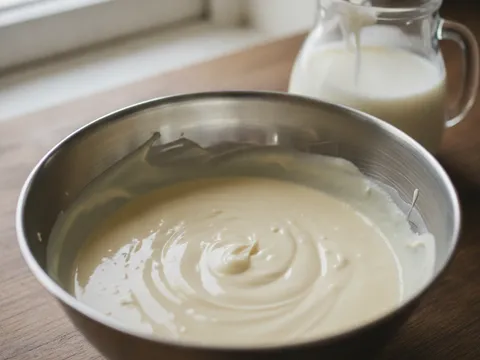 Adunan krim keju menjadi lebih cair dan berkilat di dalam mangkuk selepas whipping cream dicampur, dengan jag whipping cream di sebelahnya