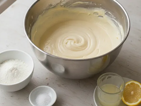 Adunan krim keju pekat berkrim di dalam mangkuk selepas tepung, garam dan jus lemon dimasukkan
