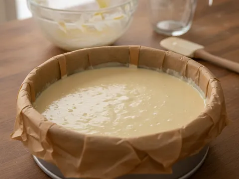 Adunan burnt cheesecake dituang ke dalam loyang berlapi kertas baking dengan permukaan licin