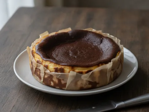 Sebiji burnt cheesecake sejuk dengan permukaan hangus gelap dan tepi berkedut, sedia dipotong di atas pinggan