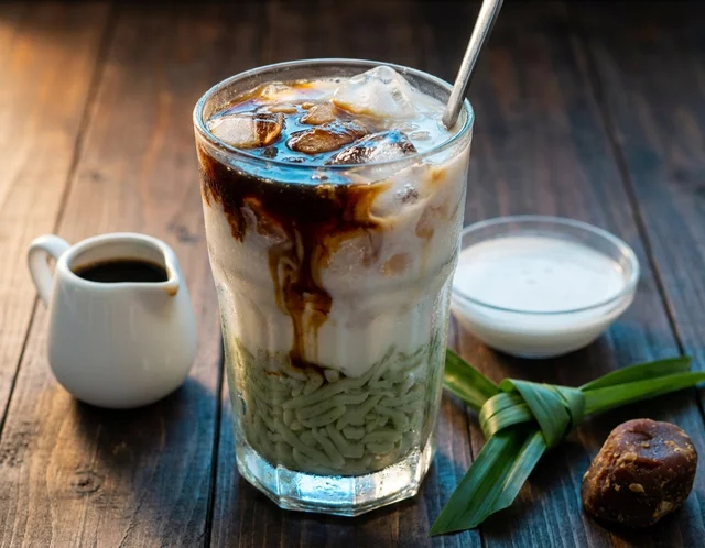 Segelas cendol dengan tali cendol hijau, ais, kuah santan putih dan air gula melaka pekat mengalir di tepi gelas
