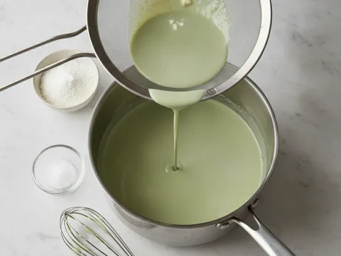 Adunan tepung beras dan tepung jagung bercampur air pandan ditapis ke dalam periuk sehingga licin tanpa ketulan