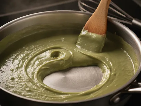 Adunan cendol hijau dikacau dengan spatula dalam periuk sehingga pekat dan permukaannya berkilat