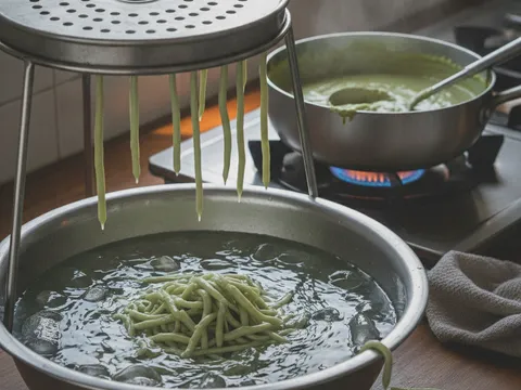 Adunan cendol ditekan melalui acuan berlubang jatuh sebagai tali hijau ke dalam besen air ais