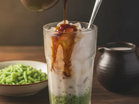 Gelas cendol disusun berlapis — tali cendol, ais, kuah santan putih dan air gula melaka gelap dituang di atas