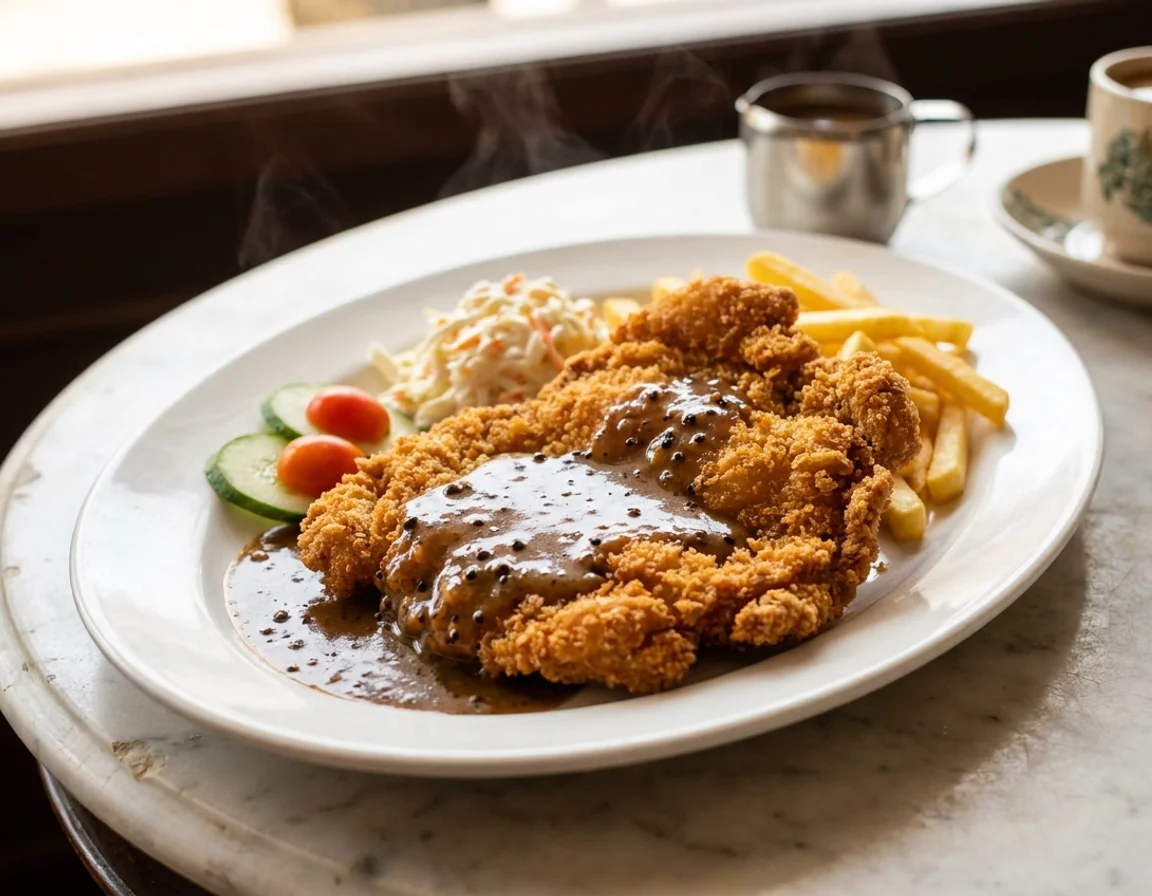 Chicken chop bersalut serbuk roti keemasan disiram sos lada hitam pekat, dihidang bersama coleslaw dan kentang goreng di atas pinggan putih