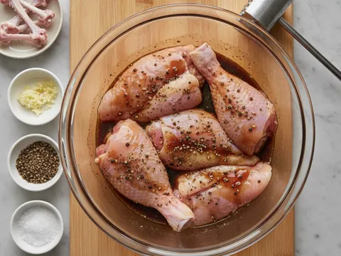 Peha ayam tanpa tulang diketuk leper dan digaul dengan kicap cair serta lada hitam dalam mangkuk kaca
