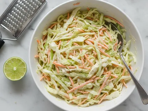 Kobis dihiris halus dan lobak merah diparut digaul dengan mayonis dalam mangkuk menjadi coleslaw