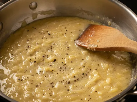 Tepung gandum dikacau bersama butter cair dan bawang cincang dalam kuali membentuk roux berwarna keemasan
