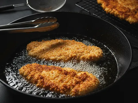 Keping ayam bersalut serbuk roti digoreng dalam minyak panas sehingga bertukar perang keemasan