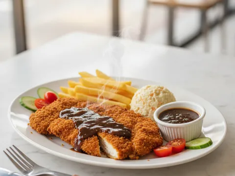 Chicken chop siap dihidang di atas pinggan bersama coleslaw, kentang goreng dan sos lada hitam dalam mangkuk kecil
