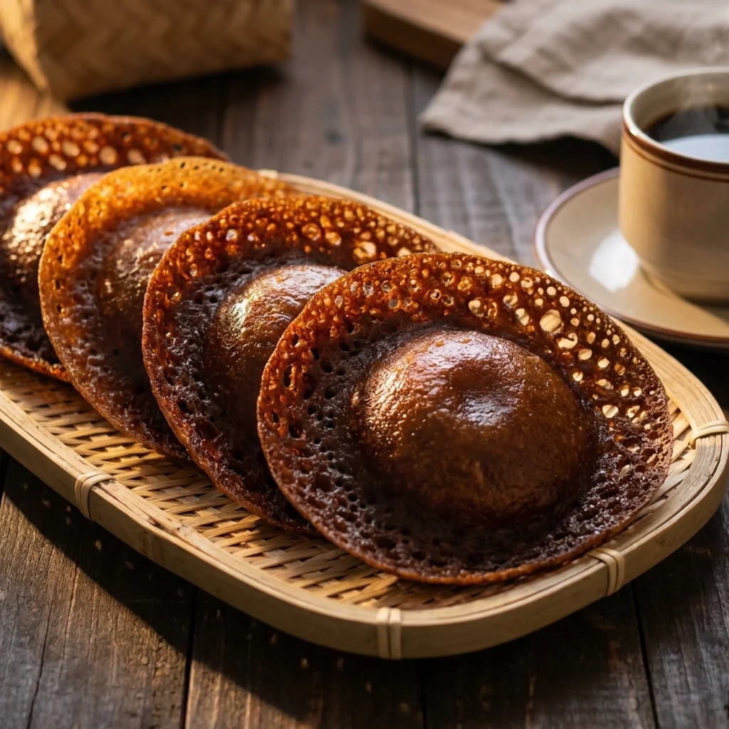 Cucur jawa berwarna perang gelap berbentuk topi dengan tepi berenda nipis, disusun di atas dulang anyaman bersama secawan kopi