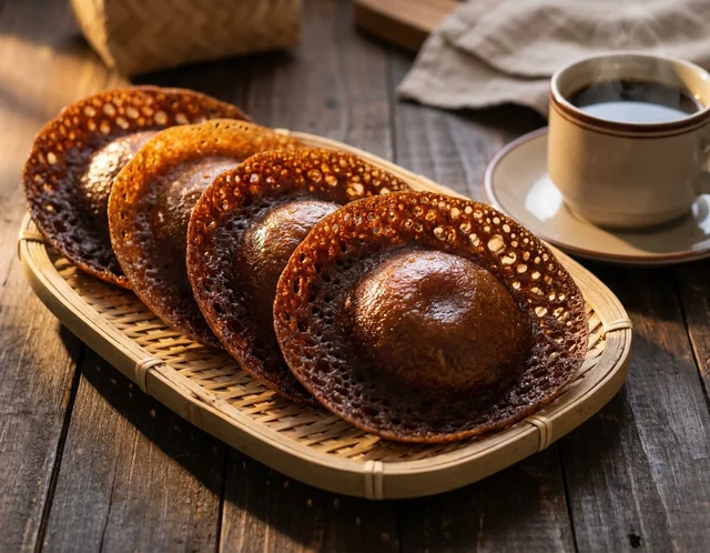 Cucur jawa berwarna perang gelap berbentuk topi dengan tepi berenda nipis, disusun di atas dulang anyaman bersama secawan kopi