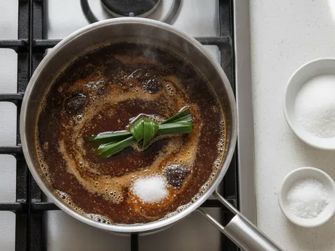 Serbuk gula merah, gula pasir dan daun pandan bersimpul dimasak dalam periuk sehingga larut menjadi air gula perang gelap