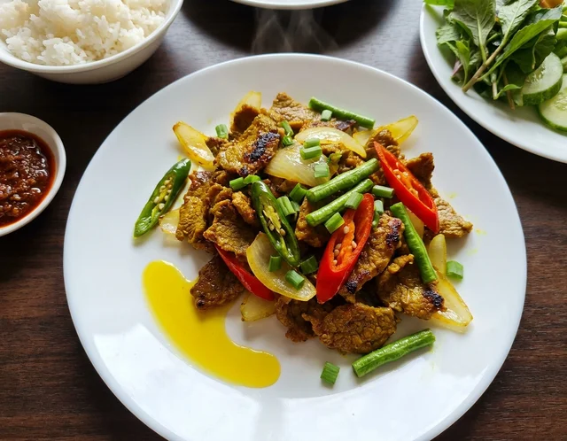 Daging goreng kunyit berwarna keemasan dengan hirisan bawang holland, cili merah dan cili padi hijau dalam pinggan, dihidang bersama nasi putih