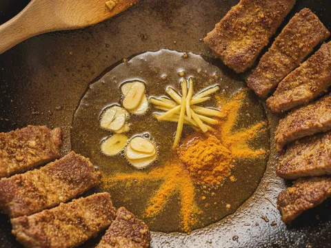 Hirisan bawang putih dan halia ditumis bersama serbuk kunyit dalam minyak panas di tengah kuali berisi daging