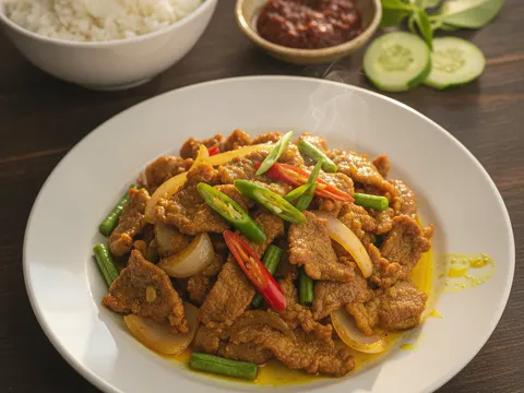 Daging goreng kunyit siap dihidang dalam pinggan bertabur daun bawang, bersama nasi putih dan sambal belacan