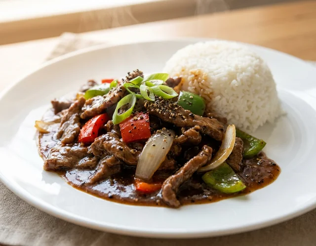 Daging Masak Black Pepper dengan sos pekat berkilat dan sayuran