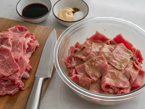 Daging dihiris nipis dan diperap dalam mangkuk