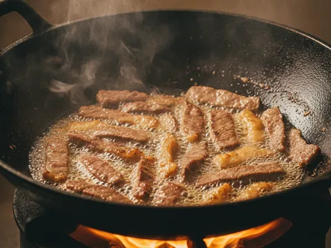 Daging digoreng dalam kuali panas