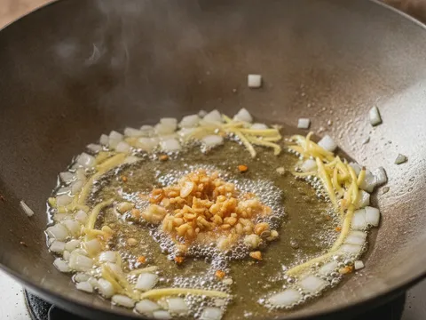 Bawang dan halia ditumis dalam kuali