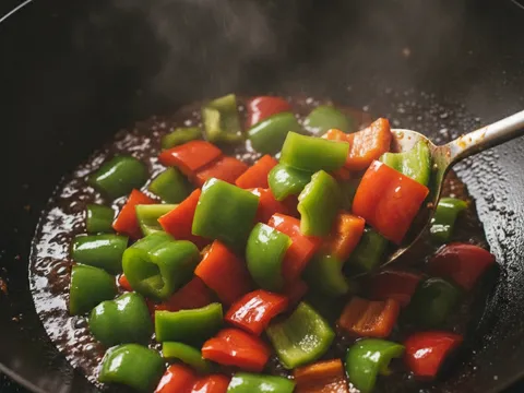 Capsicum ditambah ke dalam kuali